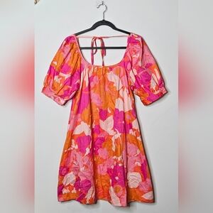 Free‎ Assembly Floral Square Neck Pink Orange Mini Dress Womens Medium
